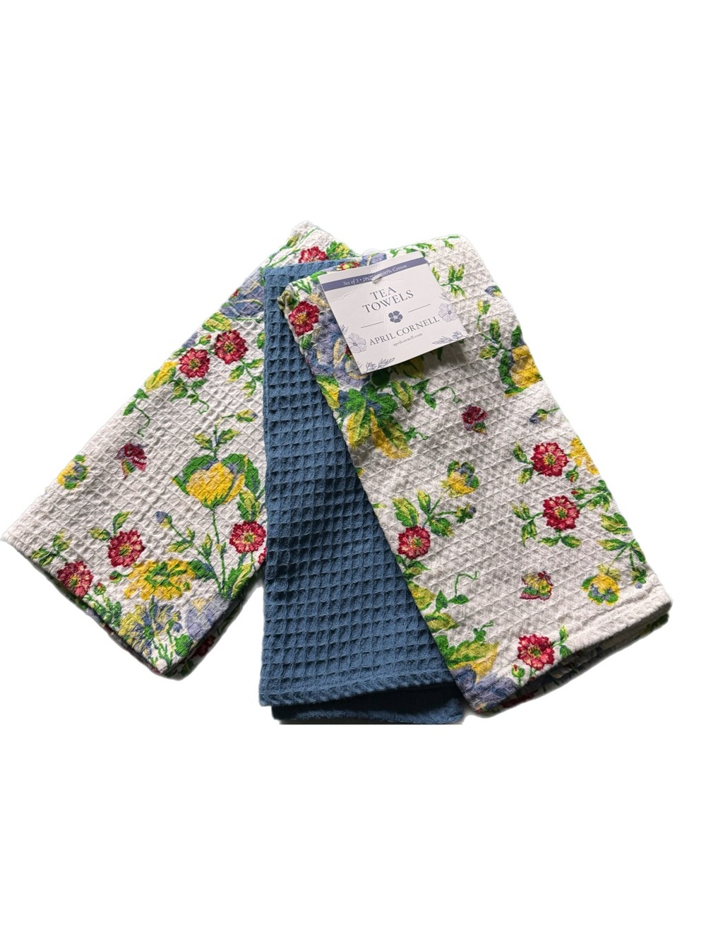 April Cornell Set of 3 Floral Tea Towels Blue Hydrangea Garden Waffle Cotton NWT